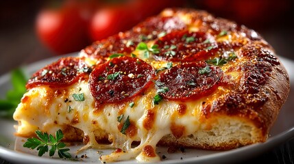 Delicious Pepperoni Pizza Slice with Melted Cheese and Fresh Herbs Perfect for Food Photograph