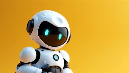 Cute white robot on a yellow background giving the thumbs up gesture in approval