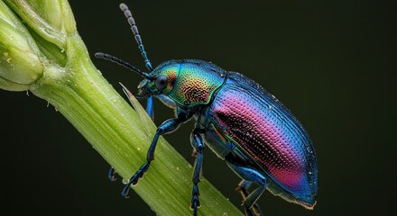 Fototapeta premium Iridescent beetle macro photo on green plant stem detailed insect photography close up nature wildlife on transparent background