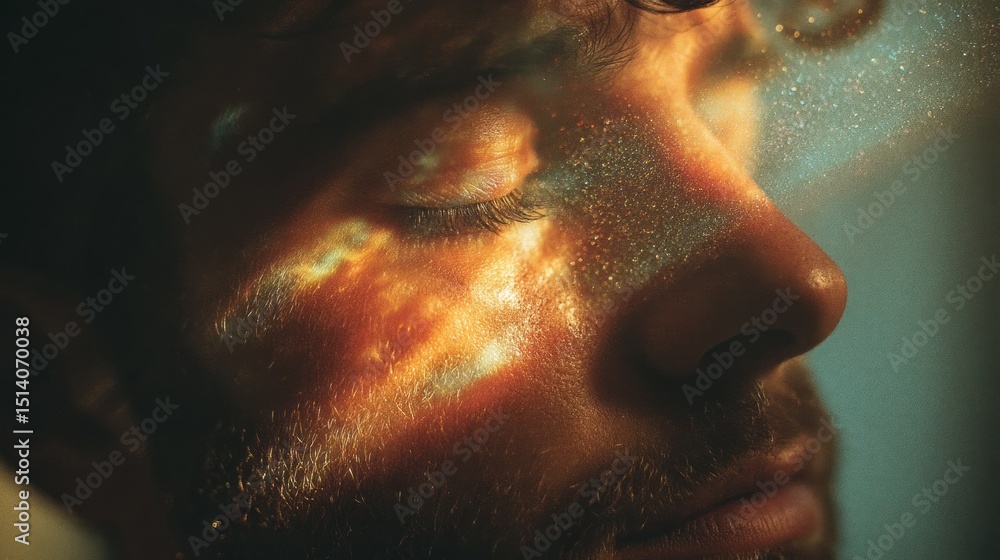 Poster a male face is softly illuminated by holographic light, creating a mesmerizing effect on his skin. t