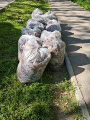 Plastic bags filled with collected waste sit on a grassy area next to a sidewalk. The scene...