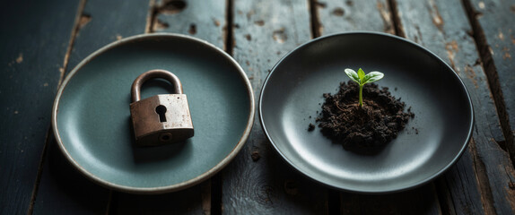 Contrasting concept of a metal lock and a sprouting plant on separate plates symbolizing security and growth