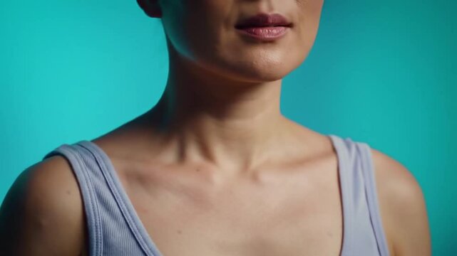Close Up of Neck and Shoulders in Lavender Tank Top with Turquoise Background Accentuated By the Shadows From Soft Studio Lighting Revealing Natural Skin Texture Perfect For Decoration