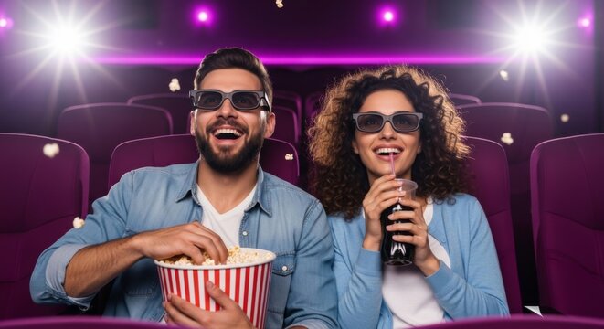 Enjoying a 3d movie experience with popcorn and drinks in a cinema hall