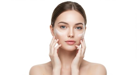 Skincare beauty concept with woman applying facial cream for healthy skin routine