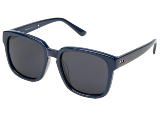 A close up shot of dark blue framed sunglasses with dark lenses on a black background in a studio