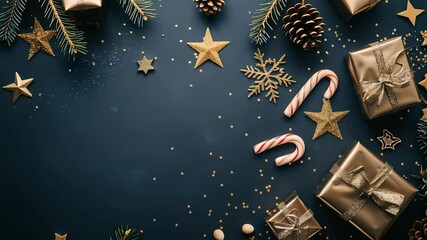 Festive Holiday Arrangement: Gold accents, candy canes, and gift boxes create a cheerful Christmas scene on a dark backdrop with golden confetti. - Powered by Adobe