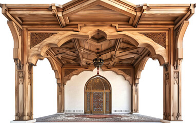 Fototapeta premium Mosque Interior Featuring a Beautifully Decorative Wooden Ceiling Isolated on Transparent Background