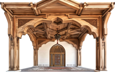 Mosque Interior Featuring a Beautifully Decorative Wooden Ceiling Isolated on Transparent Background
