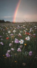 Naklejka premium A Colorful Meadow with a Rainbow, a Peaceful Scene