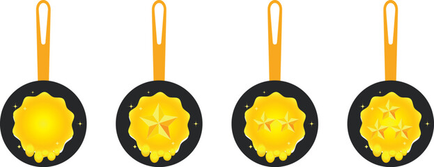 Four frying pans in a row display star-shaped egg yolks in increasing number and clarity, symbolizing progressive achievement or mastery in culinary skill, on a clean white background.