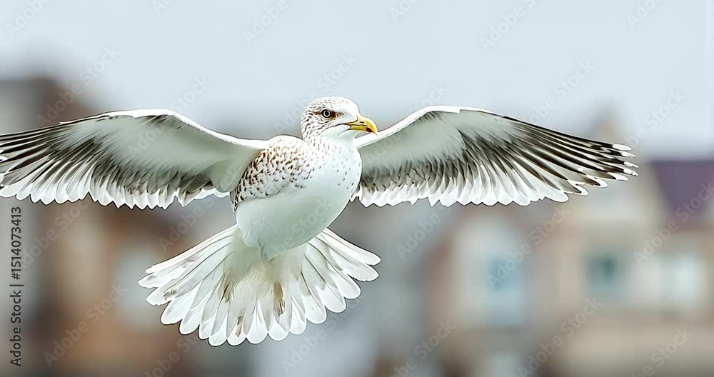 Poster a bird in flight with extended wings in front of blurry background. the background is blurred and sh