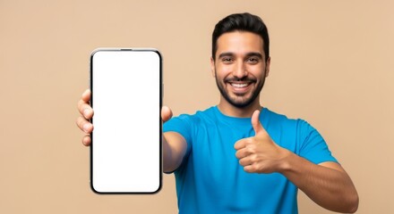Smiling man holding smartphone with blank screen for social media or app promotion