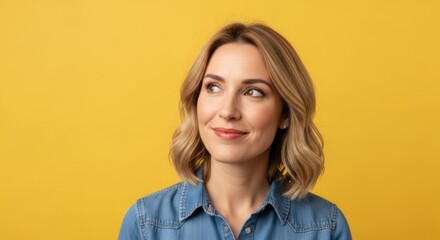 Naklejka premium Happy thoughtful woman in denim against a yellow background