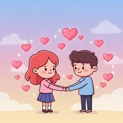 A sweet illustrated couple holding hands and smiling under floating hearts&mdash;perfectly capturing the joy of Valentine&rsquo;s Day.