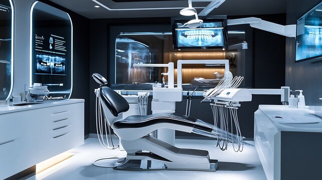 Modern dental clinic setup with a high tech chair tools and equipment emphasizing cleanliness professionalism and advanced technology
