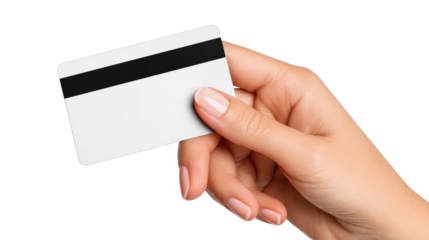 Female hand sporting nude manicure gripping blank white credit card with magnetic stripe against clear backdrop, showcasing financial design and payment potential