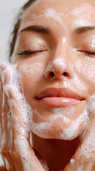 Young woman applying foaming cleanser, gently massaging skin with circular motions, creating radiant complexion and enjoying skincare wellness ritual