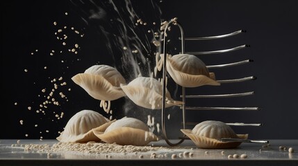 Low angle shot of stacked empanadas on wire rack with crumbs falling Neutral