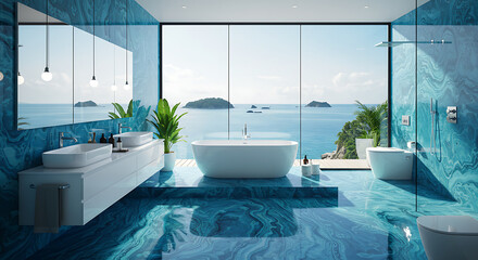 Naklejka na ściany i meble Luxurious modern bathroom with a freestanding tub and double vanity, featuring stunning ocean views and marble finishes.