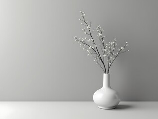 White vase with small flowers on gray background