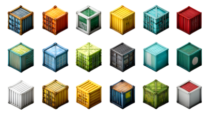 Collection of colorful shipping containers isometric view cargo logistics transport delive
