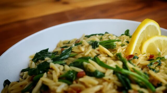 Bowl of orzo pasta with fresh spinach and lemon slices served on a wooden surface, representing delicious vegetarian food.