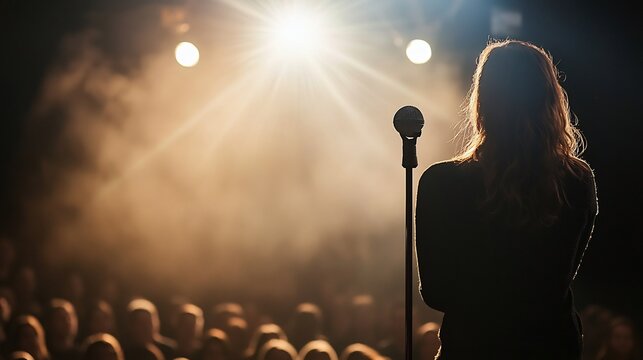 Motivational speaker inspiring a crowd at a leadership workshop stage spotlight engaged audience