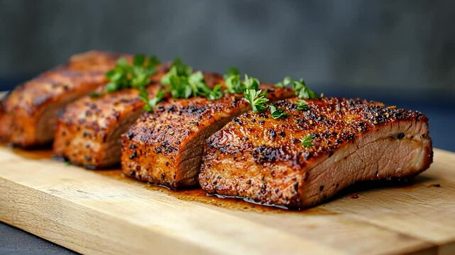 Grilled sliced meat with herb garnish on wooden board food photography