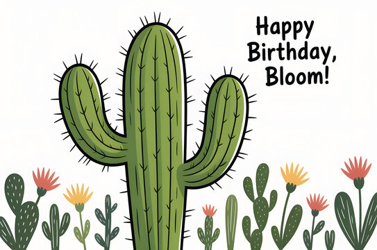 Illustration of Happy birthday bloom cactus isolated on white background