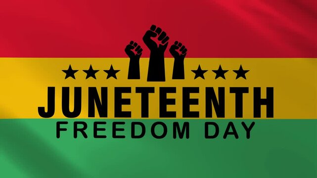Animated text Juneteenth Freedom Day. flag waving animation on red, yellow, green colors background. African American History. Freedom or Emancipation day