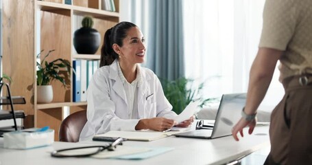 Hospital, handshake and doctor with man in office for appointment, consultation and medical service. Healthcare, clinic and woman greeting patient for check up, assessment and exam for treatment - Powered by Adobe
