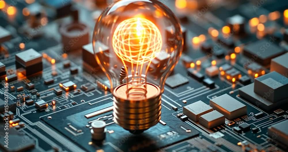 Aufkleber an illuminated lightbulb is the central focus, encircled by a complex arrangement of electronic comp