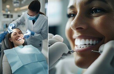 Patient smiling in a dental chair after teeth whitening a dentist and assistant in the background a closeup of hands placing an implant and a technician crafting a crown in a modern clinic