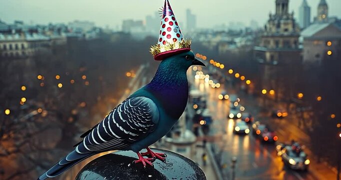 Pigeon in Party Hat on a Cloudy Day with Cityscape Background and Bokeh Lights