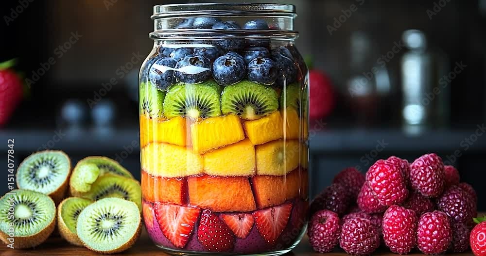 Poster Colorful layered fruits in a jar with kiwi and raspberry on the table. The composition is colorful, with a variety of fruits. The jar is clear and transparent