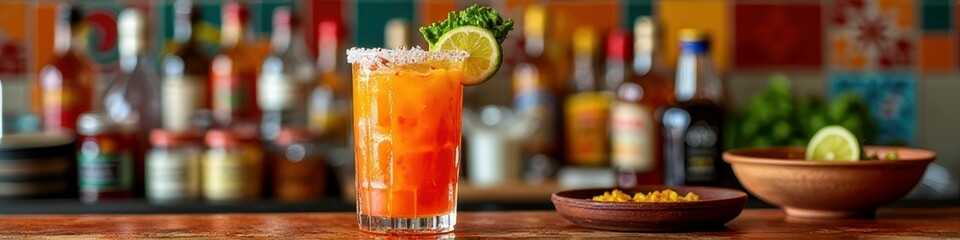 Vibrant orange cocktail with lime and salt on a rustic bar counter