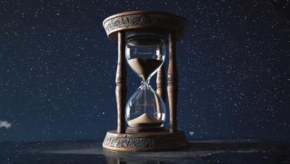 Vintage hourglass with flowing sand, set against a starry night sky, symbolizing the passage of time and the beauty of moments captured in stillness