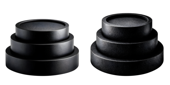 Elegant black metallic three-tiered podiums isolated on transparent background, perfect for product displays and modern presentations