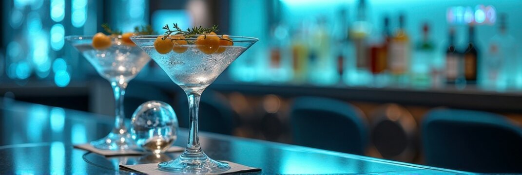 Chic martini cocktails in upscale bar with ambient lighting