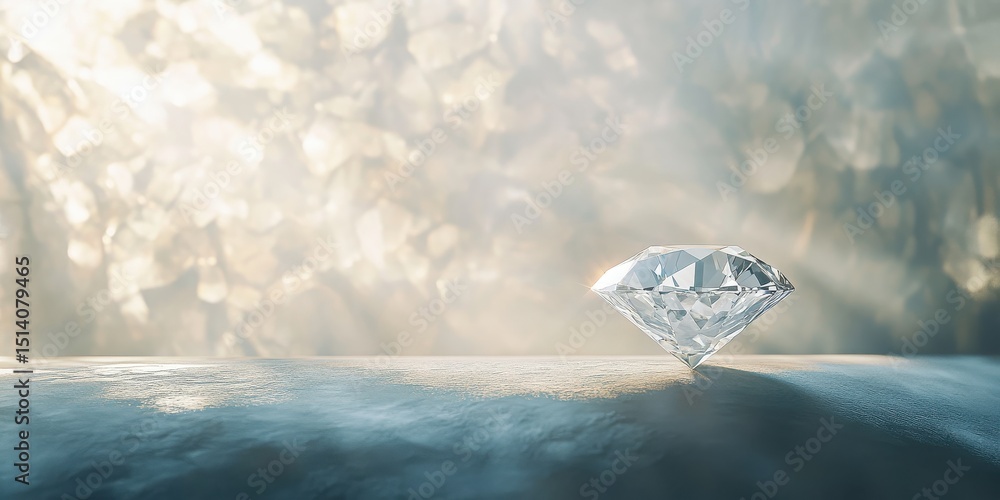 Poster sparkling diamond on reflective surface with soft background light