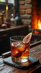 Rustic cocktail with fig garnish in cozy fireplace setting