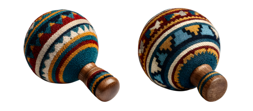 Pair of colorful ethnic maracas with intricate patterns isolated on transparent background
