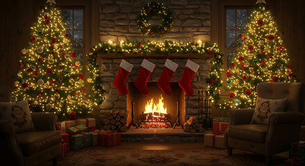 Fototapeta premium Cozy Christmas Living Room with Fireplace and Decorated Trees