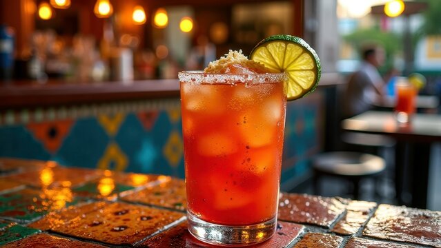 Refreshing spicy michelada with lime garnish on mosaic tiled bar