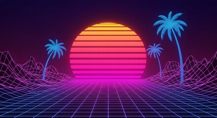 Naklejka premium Retro Futuristic Sunset Landscape