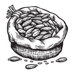 Vintage Illustration of a Sack Overflowing with Sunflower Seeds Black and White