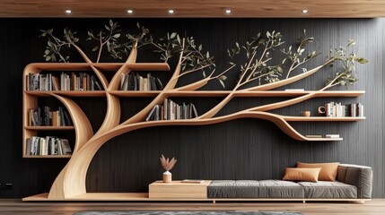 Unique Black Wall Bookshelf Designed as a Tree with Geometric Branches and Sharp Edges