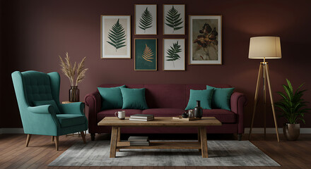 Cozy living room interior featuring a plush burgundy sofa, teal armchair, and botanical wall art, creating a warm and inviting atmosphere for relaxation.
