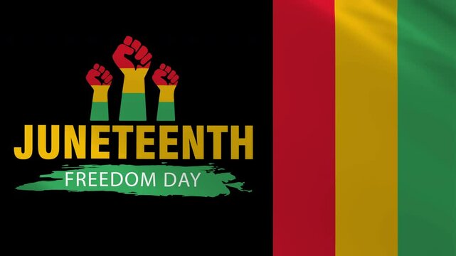 Juneteenth Freedom Day flag waving animation with Powerful raised fist hand, text, and red, yellow, green flag. African American History. Freedom and Emancipation day